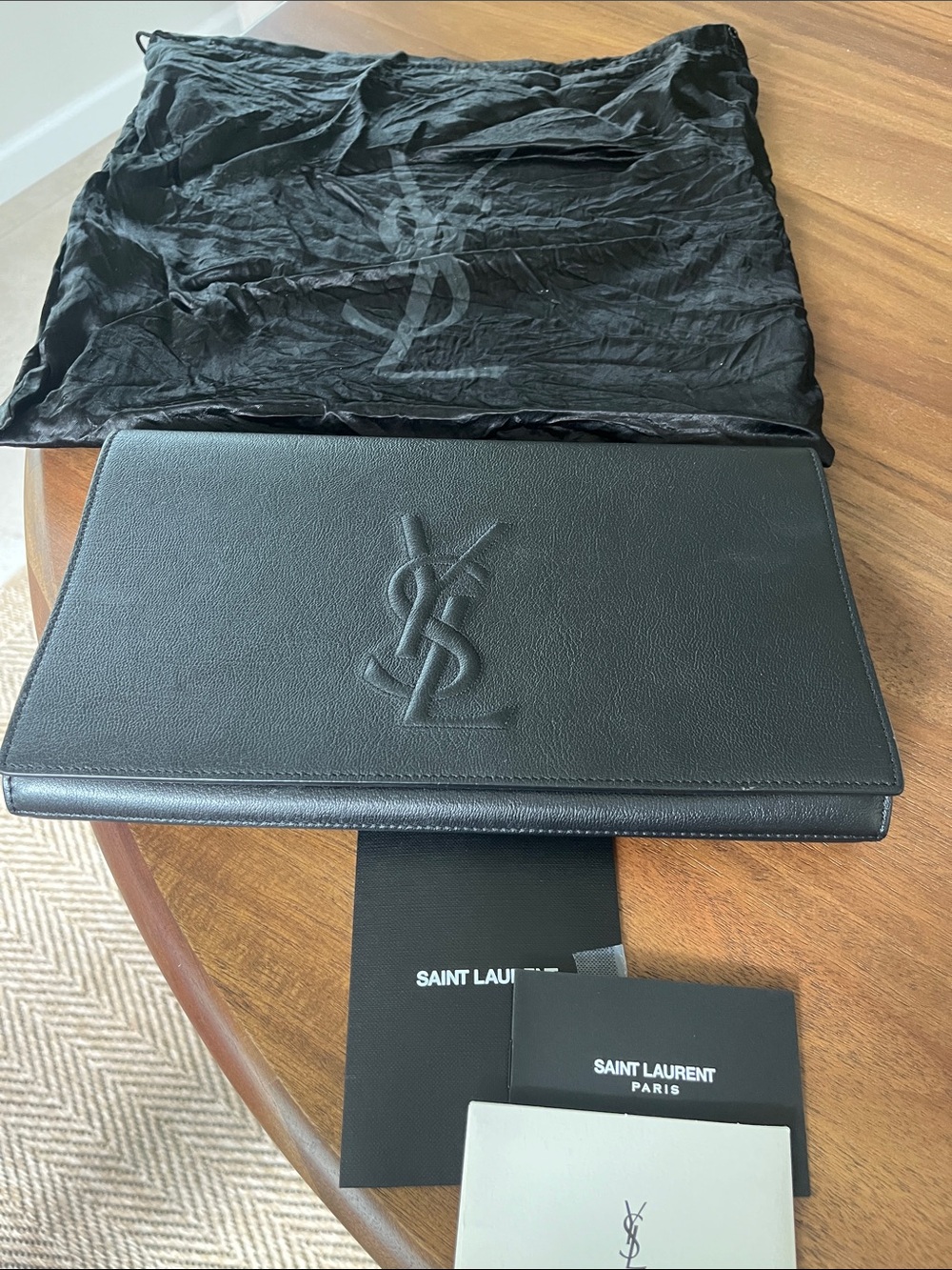Saint Laurent Black Embossed YSL Leather Envelope Clutch